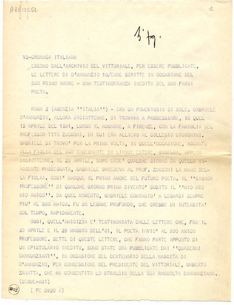 Escono dall'archivio del Vittoriale, per essere pubblicate, le lettere di D'Annunzio 18/enne scritte in occasione del suo primo amore - una testimonianza inedita del suo farsi poeta