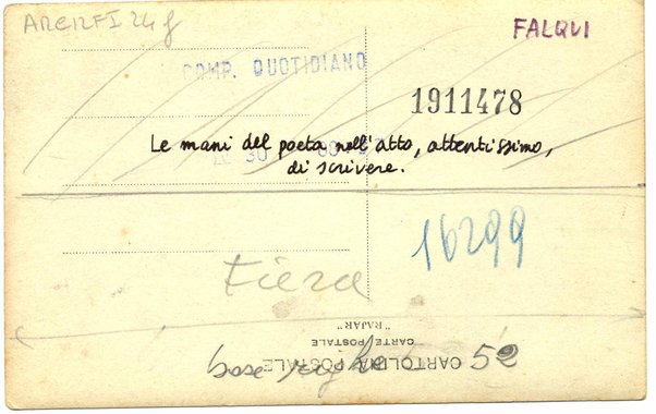 Cartolina postale illustrata con fotografia delle mani di Gabriele D'Annunzio nell'atto di scrivere