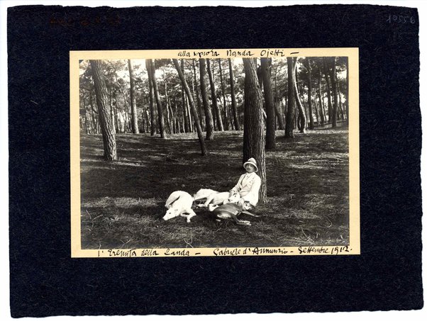Fotografia di Gabriele D'Annunzio in pineta con cani