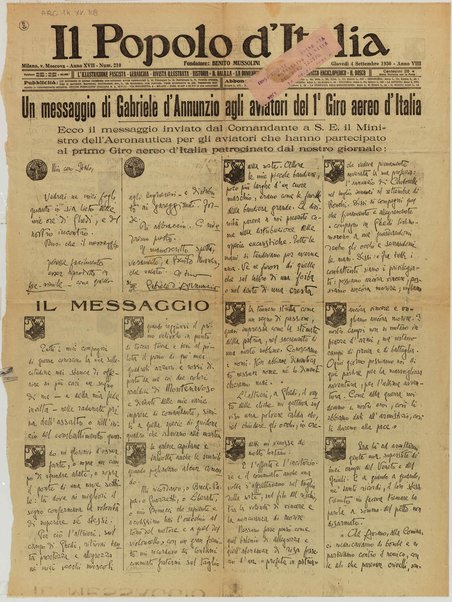 Un messaggio di Gabriele d'Annunzio agli aviatori dell'1° Giro aereo d'Italia