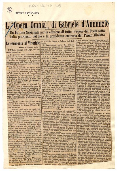 L' "Opera Omnia" di Gabriele d'Annunzio. Un istituto nazionale per la edizione di tutte le opere del poeta sotto l'alto patronato del re e la presidenza onoraria del Primo Ministro