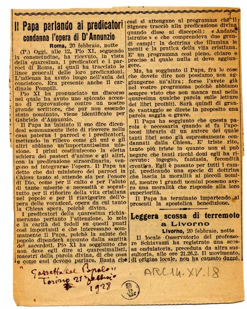 Il Papa parlando ai predicatori condanna l'opera di D'Annunzio