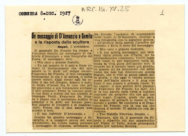 Un messaggio di D'Annunzio a Gemito e la risposta dello scultore