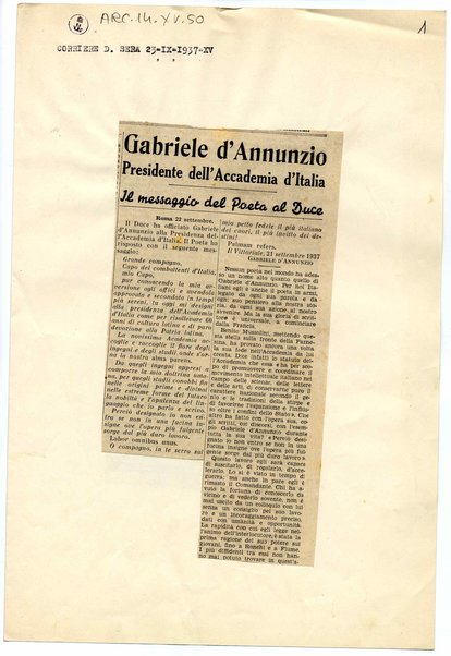 Gabriele d'Annunzio Presidente dell'Accademia d'Italia. Il messaggio del poeta al Duce