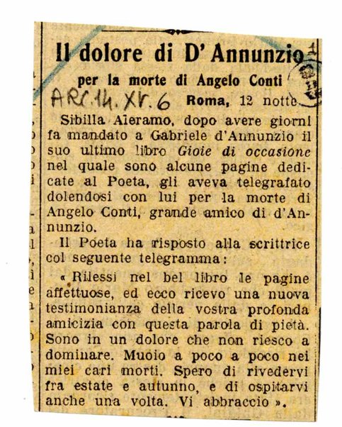 Il dolore di D'Annunzio per la morte di Angelo Conti