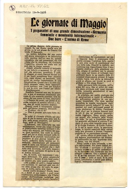 Le giornate di Maggio. I preparativi di una grande dimostrazione. Germania femminile e mondanità internazionale. Due bare. L'anima di Roma