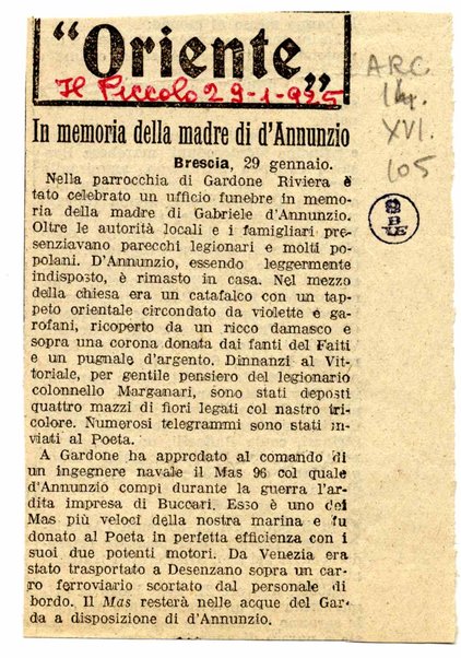 In memoria della madre di d'Annunzio