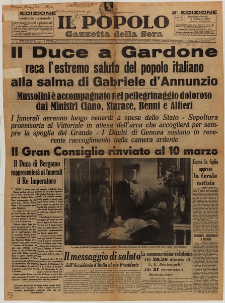 Il Duce a Gardone reca l'estremo saluto del popolo italiano alla salma di Gabriele D'Annunzio