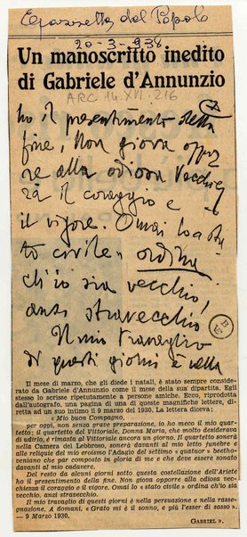 Un manscritto inedito di Gabriele d'Annunzio