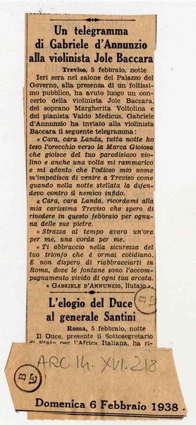 Un telegramma di Gabriele d'Annunzio alla violinista Jole Baccara