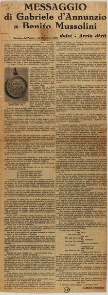 Messaggio di Gabriele d'Annunzio a Benito Mussolini. Non dolet. Arria dixit