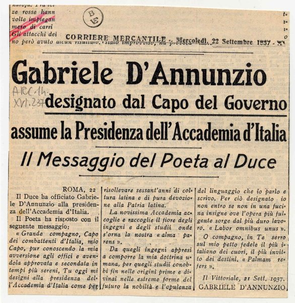 Gabriele D'Annunzio designato dal Capo del governo assume la presidenza dell'Accademia d'Italia