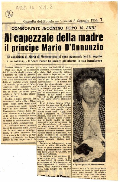 Al capezzale della madre il principe Mario D'Annunzio
