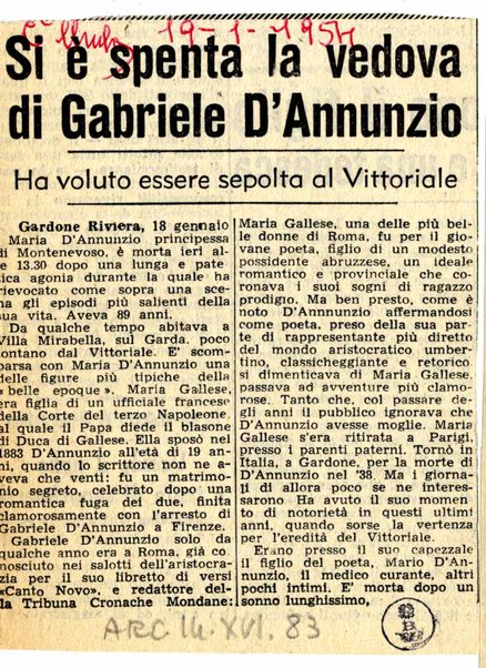 Si è spenta la vedova di Gabriele D'Annunzio