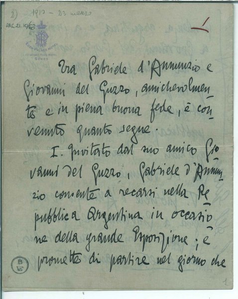 [Accordo D'Annunzio-Del Guzzo] Inc.: "Tra Gabriele D'Annunzio e Giovanni del Guzzo"