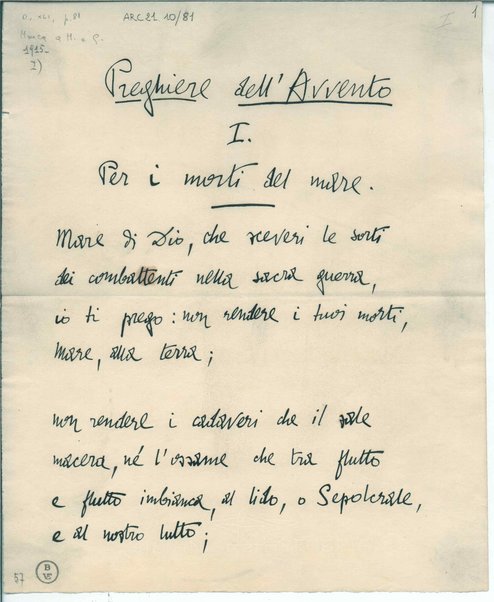 [Laudi del cielo del mare della terra e degli eroi. Canti della guerra latina] Preghiere dell'Avvento. I. Per i morti del mare