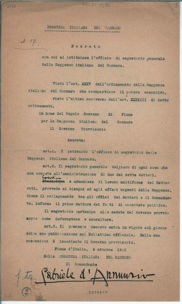 Decreto con cui si istituisce l'officio di segretario generale della Reggenza Italiana del Carnaro