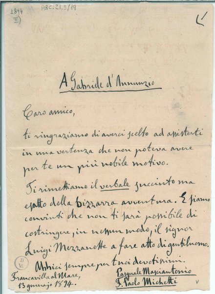 Lettera e copia del verbale dell'incontro fra G. D'Annunzio e Camillo e Luigi Mezzanotte