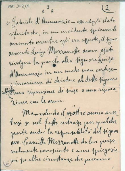 Lettera e copia del verbale dell'incontro fra G. D'Annunzio e Camillo e Luigi Mezzanotte