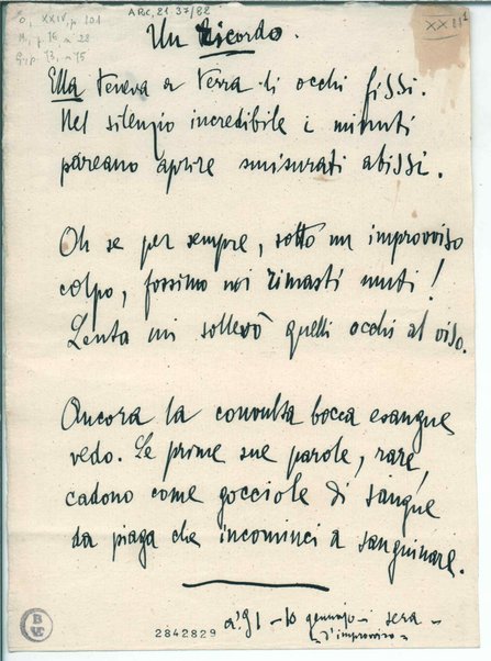 [Poema Paradisiaco. Hortulus animae] Un ricordo. Inc.: "Ella teneva a terra li occhi fissi"