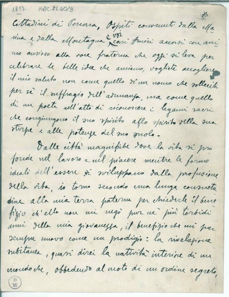 [Gabriele D'Annunzio agli elettori di Ortona. "Discorso della siepe"] Inc.: "Cittadini di Pescara, ospiti convenuti dalla marina"