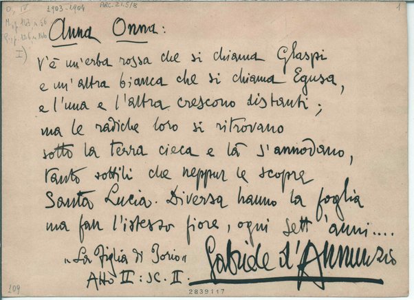 [La figlia di Jorio. Atto secondo. Scena seconda] Inc.: "Anna Onna: v'è un'erba rossa che si chiama Glaspi" <frammento>