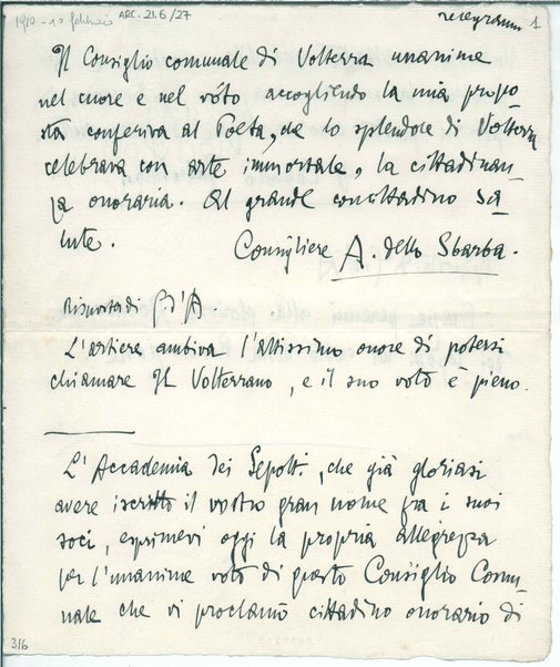 Copia di telegrammi intercorsi tra il Comune di Volterra e Gabriele D'Annunzio
