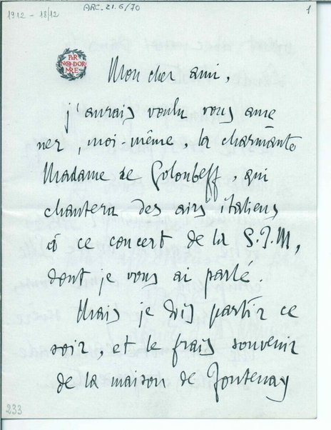 Lettera con busta <in lingua francese>
