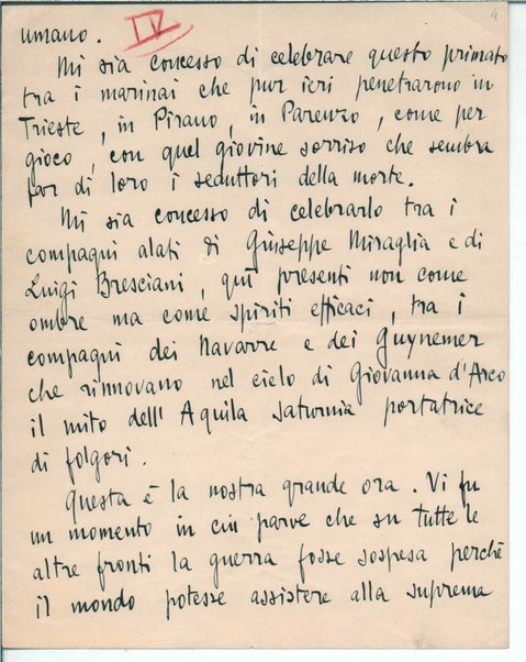 [Discorso agli aviatori in Venezia] Inc.: "Qui dove l'elica romba, dove l'ala vibra"