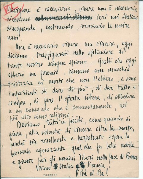 [Discorso agli aviatori in Venezia] Inc.: "Qui dove l'elica romba, dove l'ala vibra"