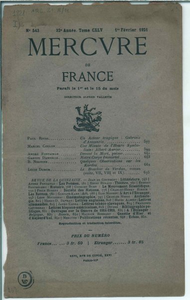 Mercure de France. Un acteur tragique: Gabriele D'Annunzio <estratto>