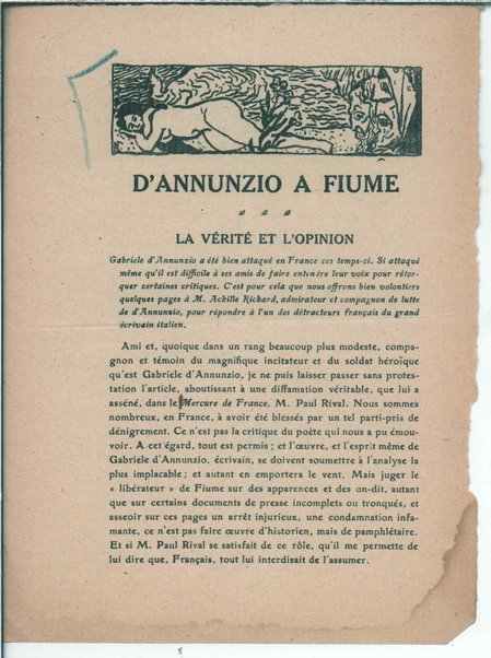 [La Revue de l'epoque]. D'Annunzio a Fiume, la vérité et l'opinion
