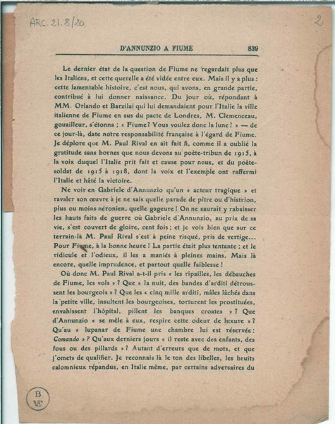 [La Revue de l'epoque]. D'Annunzio a Fiume, la vérité et l'opinion