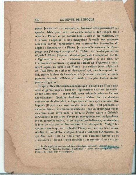 [La Revue de l'epoque]. D'Annunzio a Fiume, la vérité et l'opinion