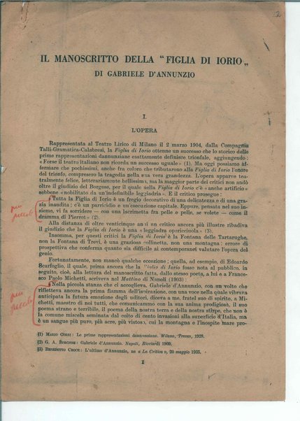 Il manoscritto della "Figlia di Iorio" di Gabriele D'Annunzio <bozze di stampa>