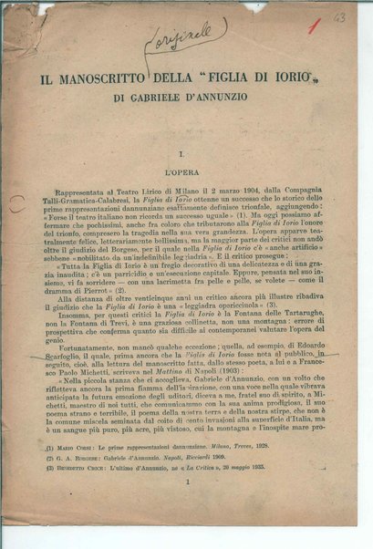 Il manoscritto della "Figlia di Iorio" di Gabriele D'Annunzio <bozze di stampa>