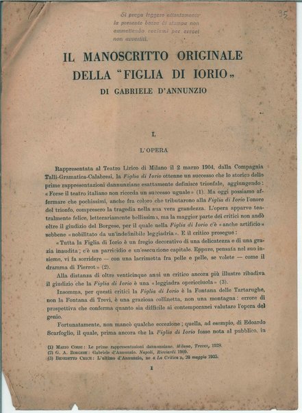 Il manoscritto della "Figlia di Iorio" di Gabriele D'Annunzio <bozze di stampa>