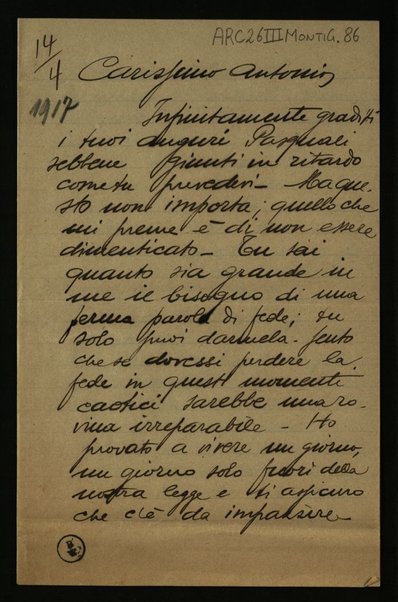 Lettera di Goffredo Monti a Antonio Bruers del 14 aprile 1917.