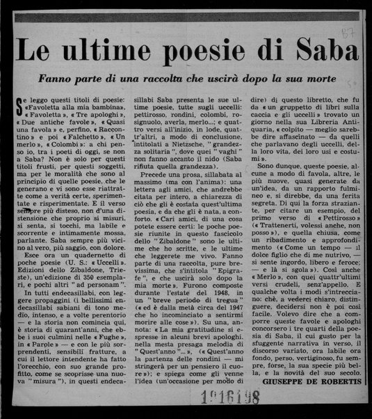 Le ultime poesie di Saba