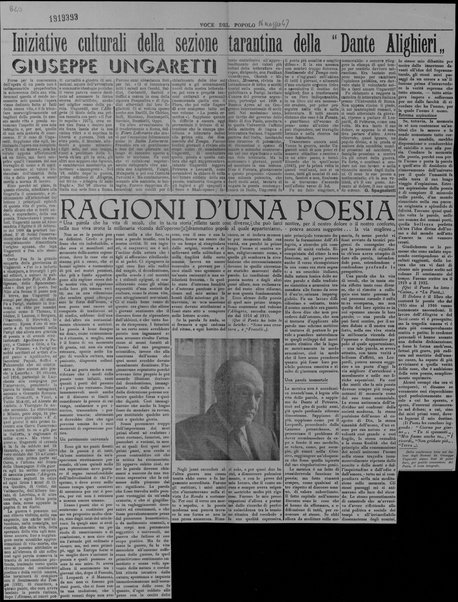 Iniziative culturali della sezione tarantina della “Dante Alighieri”: Giuseppe Ungaretti