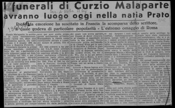 I funerali di Curzio Malaparte avranno luogo oggi nella natia Prato