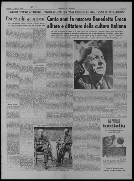 Cosa resta del suo pensiero?; Cento anni fa nasceva Benedetto Croce alfiere e dittatore della cultura italiana