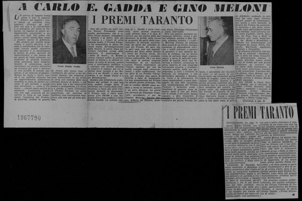 A Carlo E. Gadda e Gino Meloni i premi Taranto