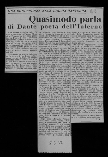 Quasimodo parla di Dante poeta dell’Inferno