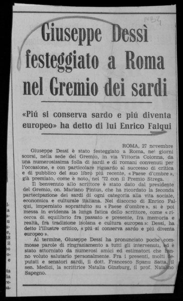 Giuseppe Dessì festeggiato a Roma nel Gremio dei sardi