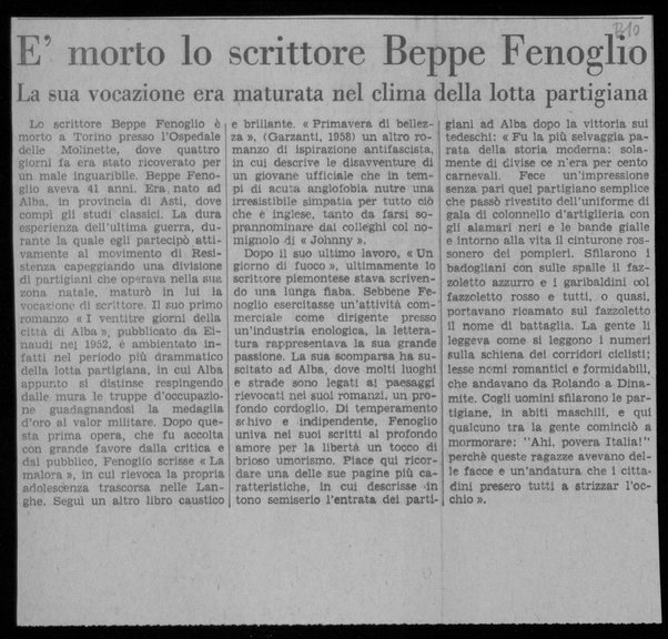 E' morto lo scrittore Beppe Fenoglio