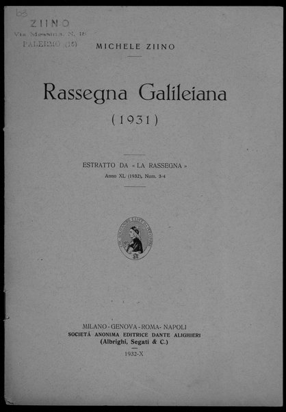 Rassegna Galileiana (1931). Estratto dal "La Rassegna" Anno 1932