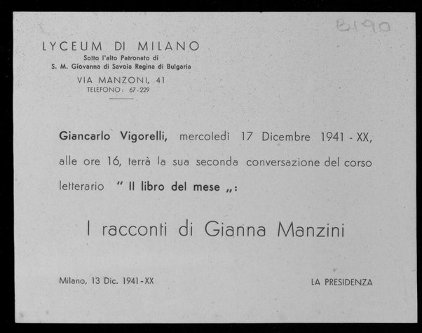 1 invito "Lyceum di Milano" per la presentazione dei racconti di Gianna Manzini