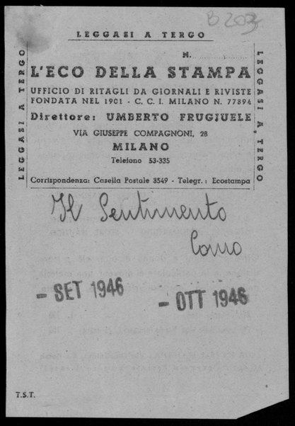 1 ricevuta Eco della Stampa ("Il Sentimento", Como settembre 1946).