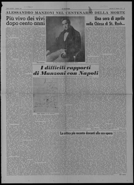 Più vivo dei vivi dopo cento anni ; I difficili rapporti di Manzoni con Napoli ; Una sera di Aprilee nella Chiesa di St. Roch... ; La critica più recente davanti alla sua opera